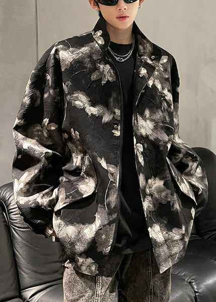 Art Black Print Zippered Pockets Men Coat Fall RO026 ABC
