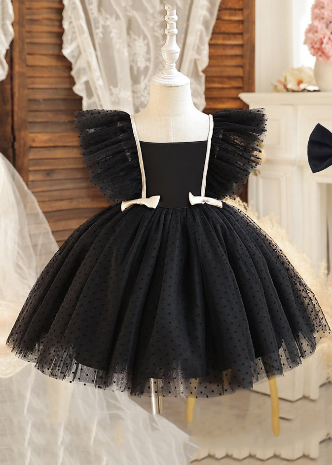 Art Black Square Collar Bow Tulle Kids Mid Dress Sleeveless EW008 WS-JRTZSDM240810