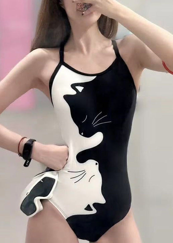Little Bodysuit White Art Cats Black Print FashionChic