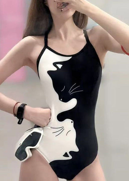 Little Bodysuit White Art Cats Black Print FashionChic