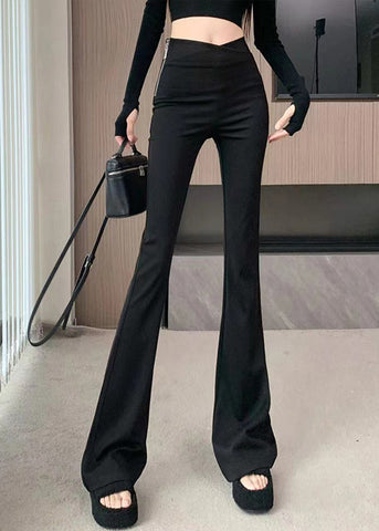 Flared Patchwork Waist Art Zippered High Spring Trousers Black FashionChic