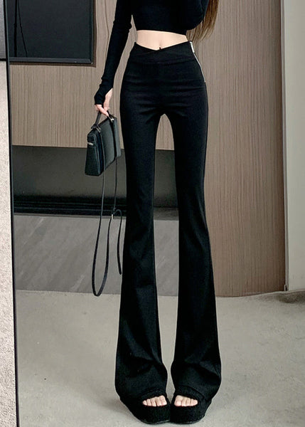 Flared Patchwork Waist Art Zippered High Spring Trousers Black FashionChic