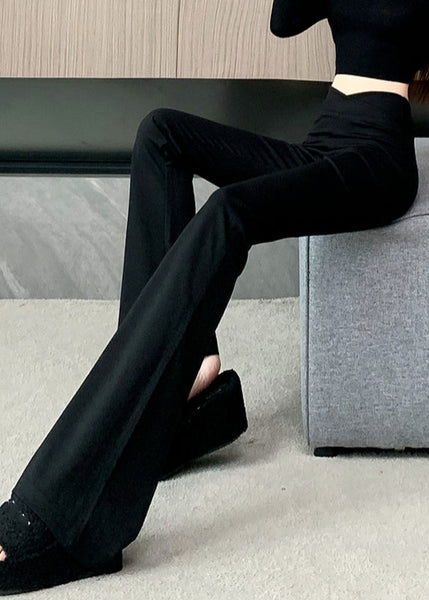 Flared Patchwork Waist Art Zippered High Spring Trousers Black FashionChic