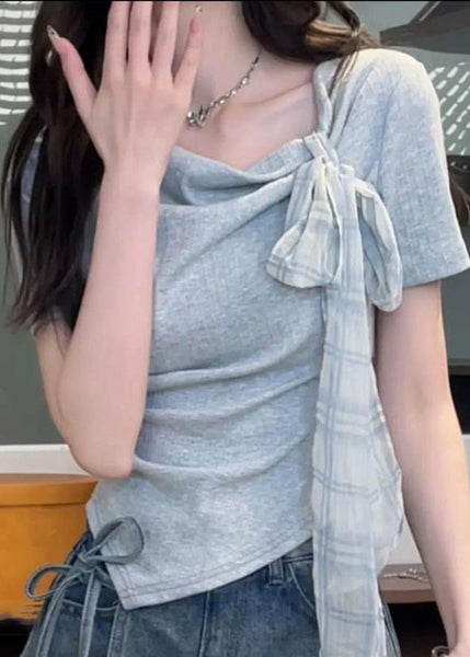 Blue Summer Cotton Asymmetrical Shirts Art T Bow FashionChic