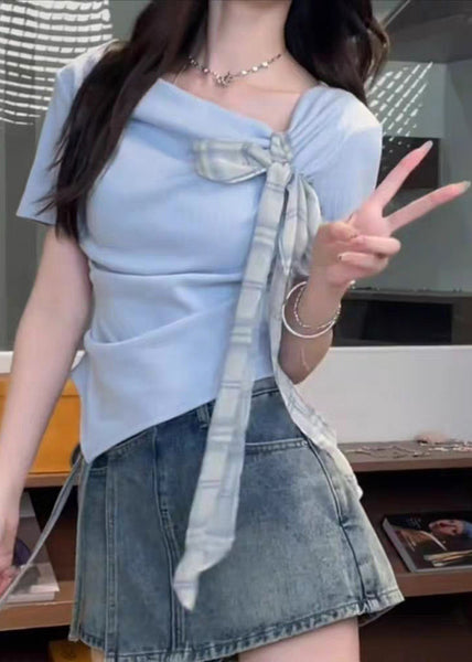 Blue Summer Cotton Asymmetrical Shirts Art T Bow FashionChic