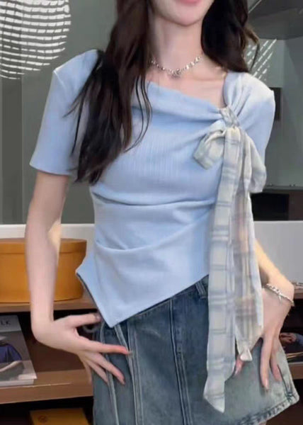 Blue Summer Cotton Asymmetrical Shirts Art T Bow FashionChic