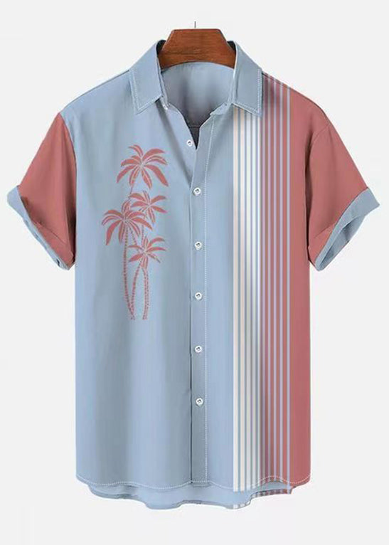 Asymmetrical Patchwork Cotton Mens Summer Art Striped Shirts Blue FashionChic