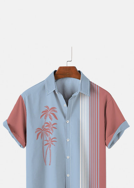 Asymmetrical Patchwork Cotton Mens Summer Art Striped Shirts Blue FashionChic