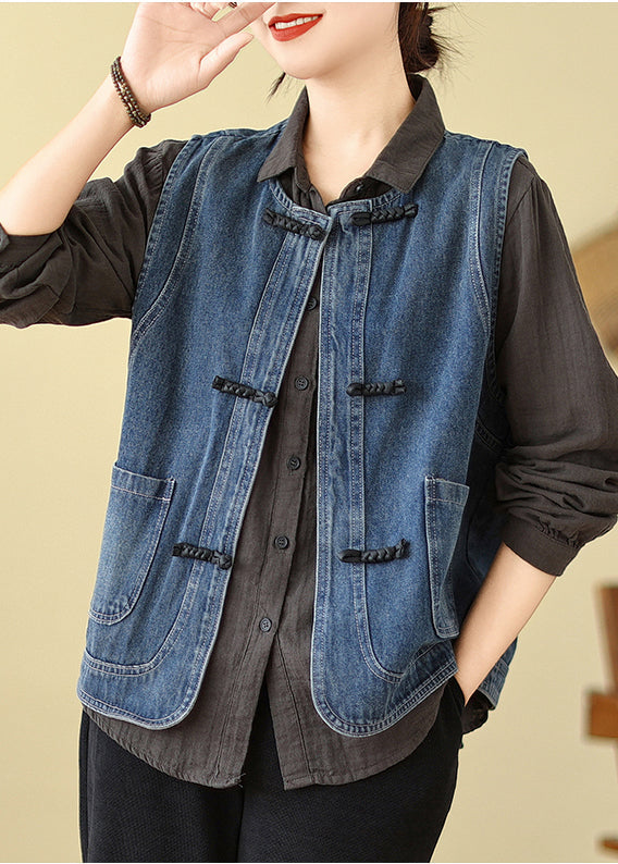 Art Blue Chinese Button Denim Vest Spring TM027 ABC