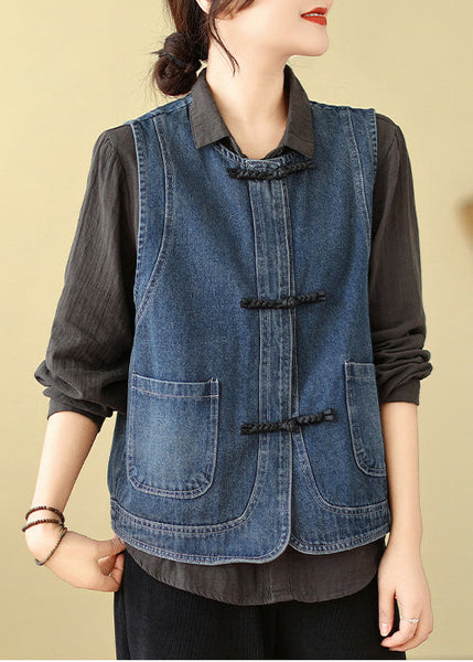 Art Blue Chinese Button Denim Vest Spring TM027 ABC