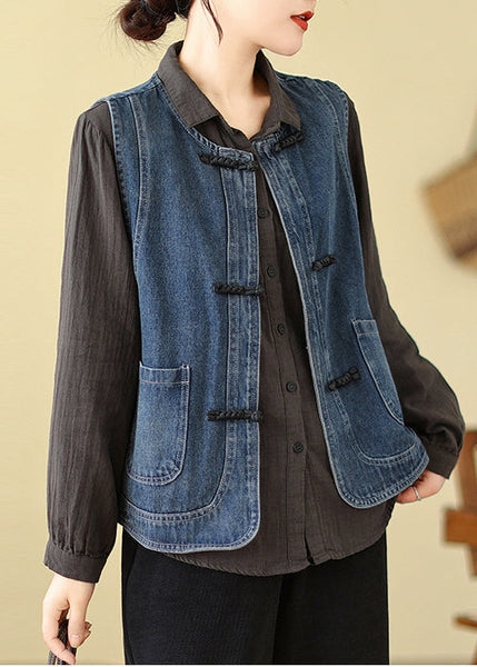 Art Blue Chinese Button Denim Vest Spring TM027 ABC