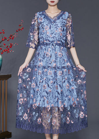 Art Blue Embroidered Tulle Cinched Dress Summer SD1089 Ada Fashion