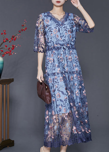 Art Blue Embroidered Tulle Cinched Dress Summer SD1089 Ada Fashion