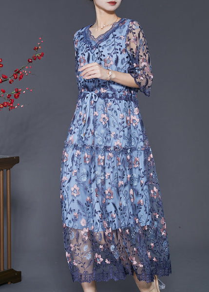 Art Blue Embroidered Tulle Cinched Dress Summer SD1089 Ada Fashion