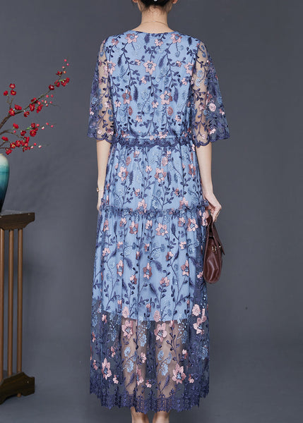Art Blue Embroidered Tulle Cinched Dress Summer SD1089 Ada Fashion
