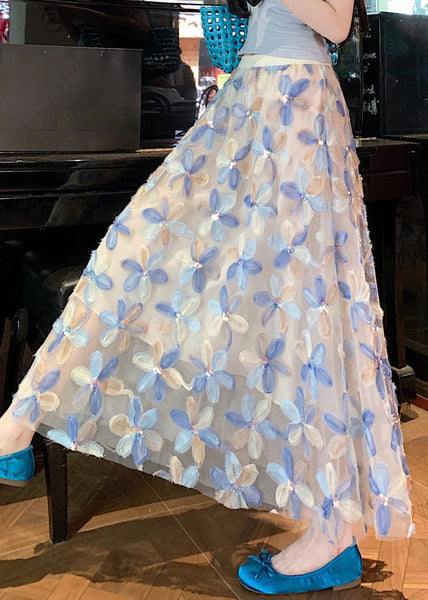 Tulle Floral Waist Summer Elastic Art Skirt Blue FashionChic