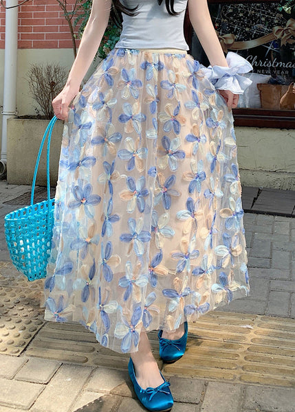 Tulle Floral Waist Summer Elastic Art Skirt Blue FashionChic