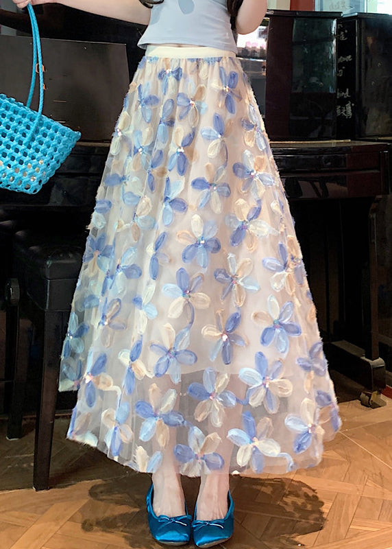 Tulle Floral Waist Summer Elastic Art Skirt Blue FashionChic