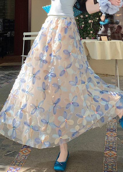 Tulle Floral Waist Summer Elastic Art Skirt Blue FashionChic