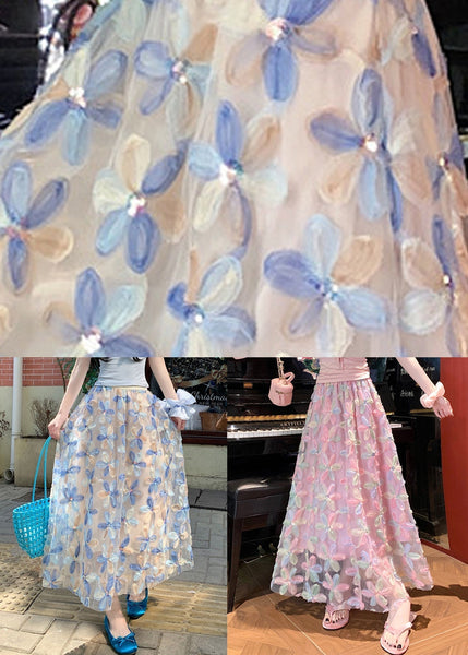 Tulle Floral Waist Summer Elastic Art Skirt Blue FashionChic