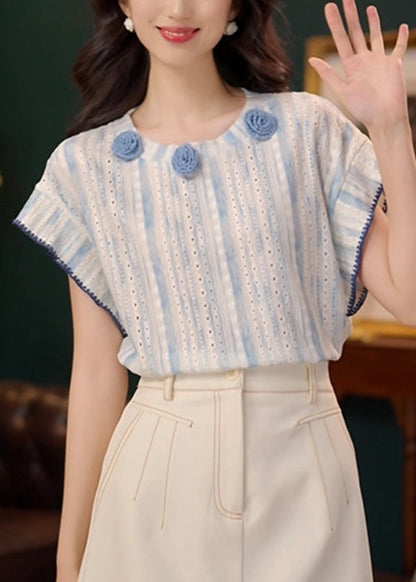 Cotton Summer T Blue Art Floral Out Shirt Hollow FashionChic