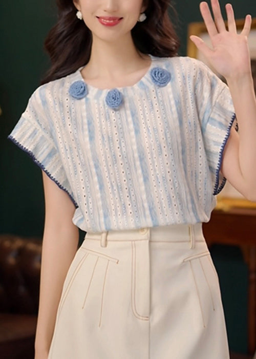 Cotton Summer T Blue Art Floral Out Shirt Hollow FashionChic