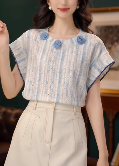 Cotton Summer T Blue Art Floral Out Shirt Hollow FashionChic