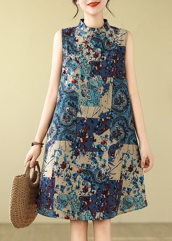 Mid Cotton Print Blue Collar Mandarin Art Dress Sleeveless FashionChic