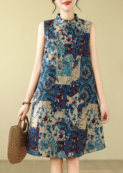 Sleeveless Mandarin Collar Cotton Blue Art Dress Print Mid FashionChic