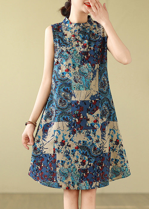 Sleeveless Mandarin Collar Cotton Blue Art Dress Print Mid FashionChic