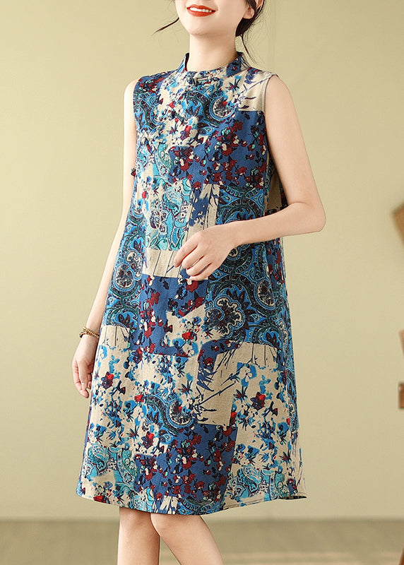 Sleeveless Mandarin Collar Cotton Blue Art Dress Print Mid FashionChic