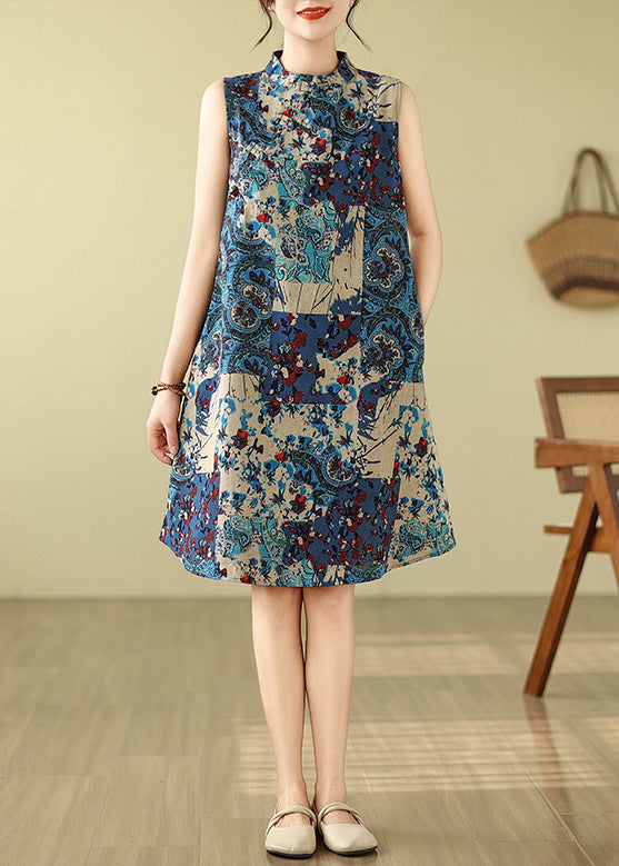 Mid Cotton Print Blue Collar Mandarin Art Dress Sleeveless FashionChic