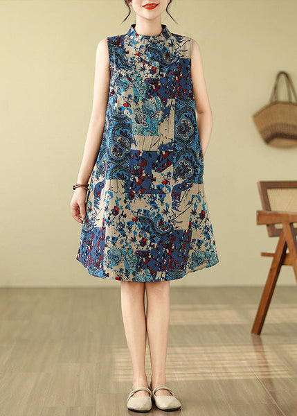Mid Cotton Print Blue Collar Mandarin Art Dress Sleeveless FashionChic