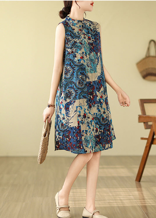 Sleeveless Mandarin Collar Cotton Blue Art Dress Print Mid FashionChic