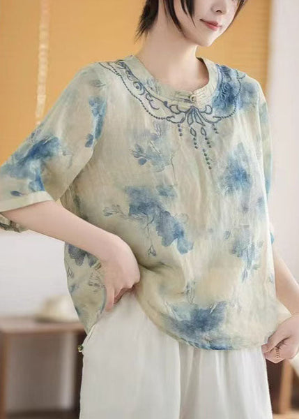 Top Mandarin Summer Print Art Linen Blue Collar FashionChic