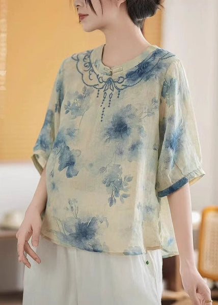 Top Mandarin Summer Print Art Linen Blue Collar FashionChic