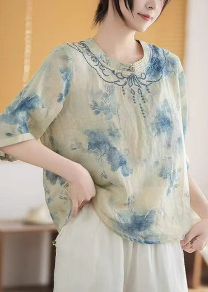 Top Mandarin Summer Print Art Linen Blue Collar FashionChic