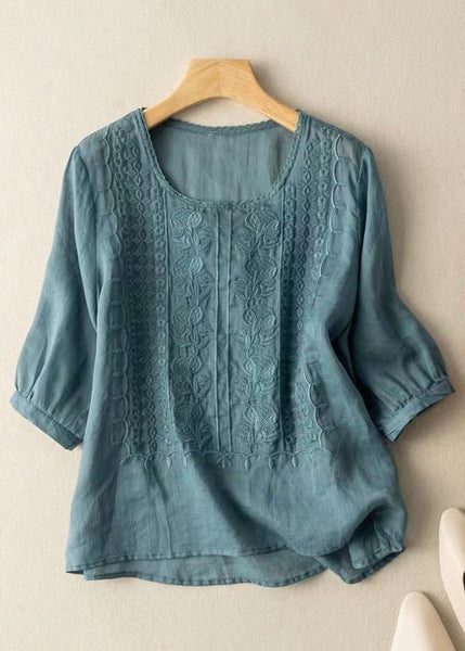 Art Blue O Neck Embroidered Linen T Shirts Half Sleeve MZF-HTP250315