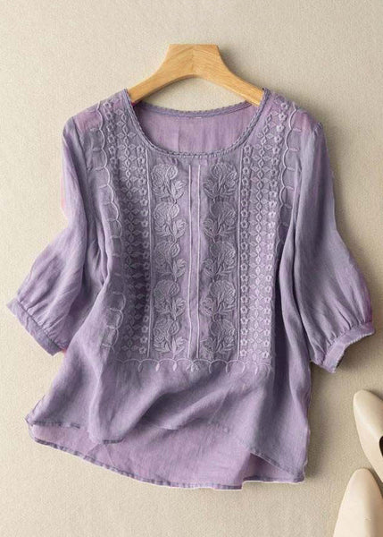 Art Blue O Neck Embroidered Linen T Shirts Half Sleeve MZF-HTP250315