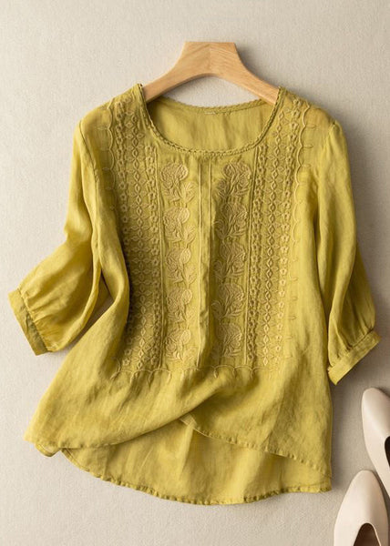 Art Blue O Neck Embroidered Linen T Shirts Half Sleeve MZF-HTP250315