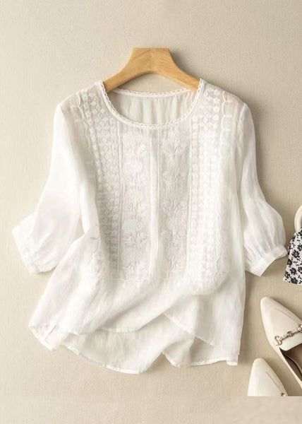 Art Blue O Neck Embroidered Linen T Shirts Half Sleeve MZF-HTP250315