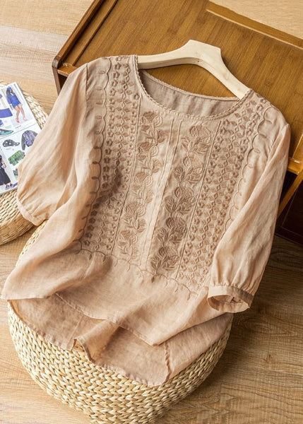 Art Blue O Neck Embroidered Linen T Shirts Half Sleeve MZF-HTP250315