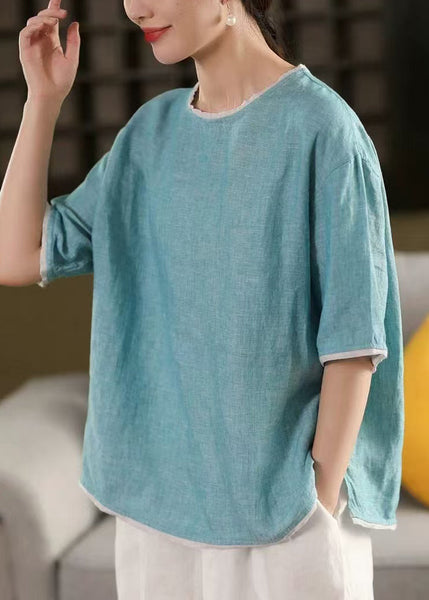 Tank Linen Blue Tops Art Sleeve Half O-Neck Patchwork FashionChic