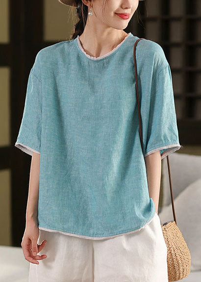 Tank Linen Blue Tops Art Sleeve Half O-Neck Patchwork FashionChic