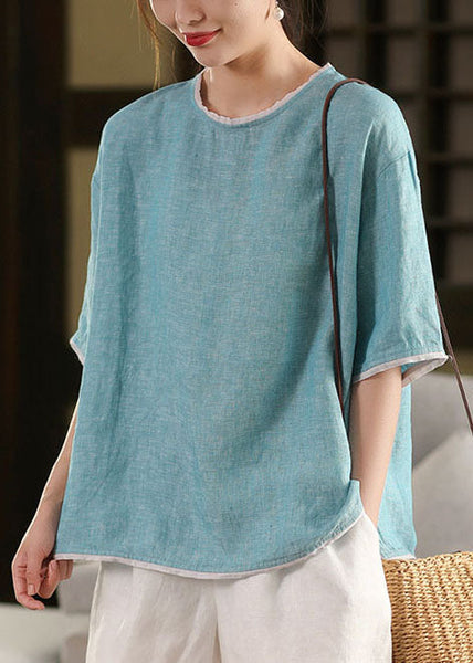 Tank Linen Blue Tops Art Sleeve Half O-Neck Patchwork FashionChic