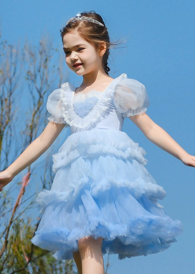 Art Blue O-Neck Ruffled Tulle Kids Girls Maxi Dresses Short Sleeve EW026 WS-JRTZSDL240810