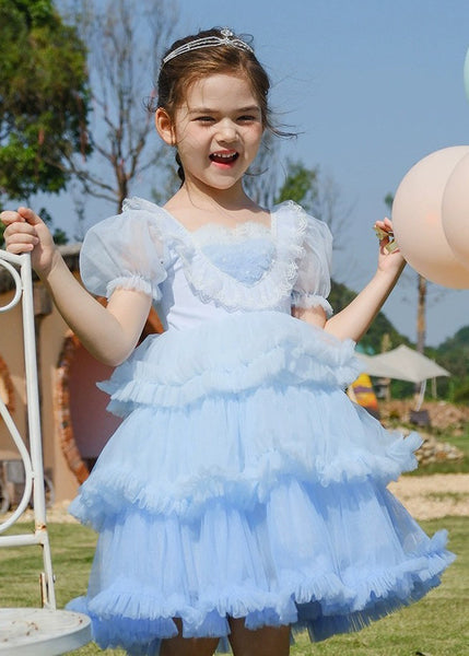 Art Blue O-Neck Ruffled Tulle Kids Girls Maxi Dresses Short Sleeve EW026 WS-JRTZSDL240810