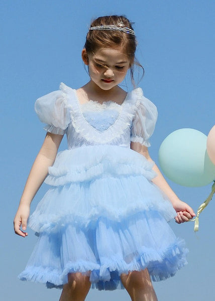 Art Blue O-Neck Ruffled Tulle Kids Girls Maxi Dresses Short Sleeve EW026 WS-JRTZSDL240810
