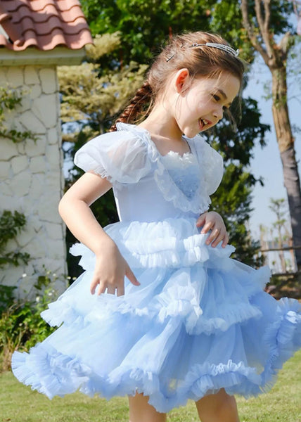 Art Blue O-Neck Ruffled Tulle Kids Girls Maxi Dresses Short Sleeve EW026 WS-JRTZSDL240810