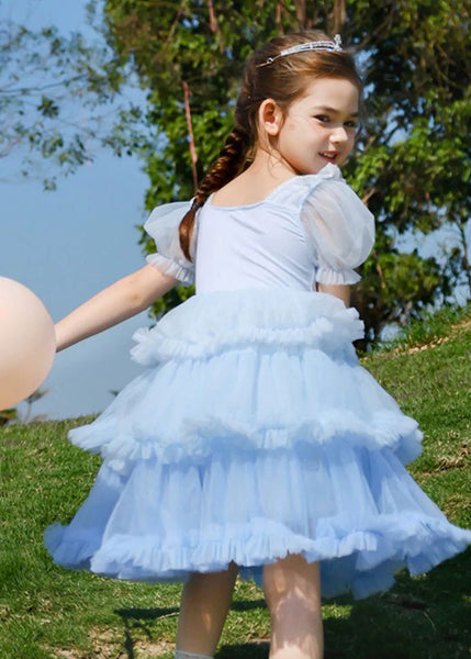 Art Blue O-Neck Ruffled Tulle Kids Girls Maxi Dresses Short Sleeve EW026 WS-JRTZSDL240810